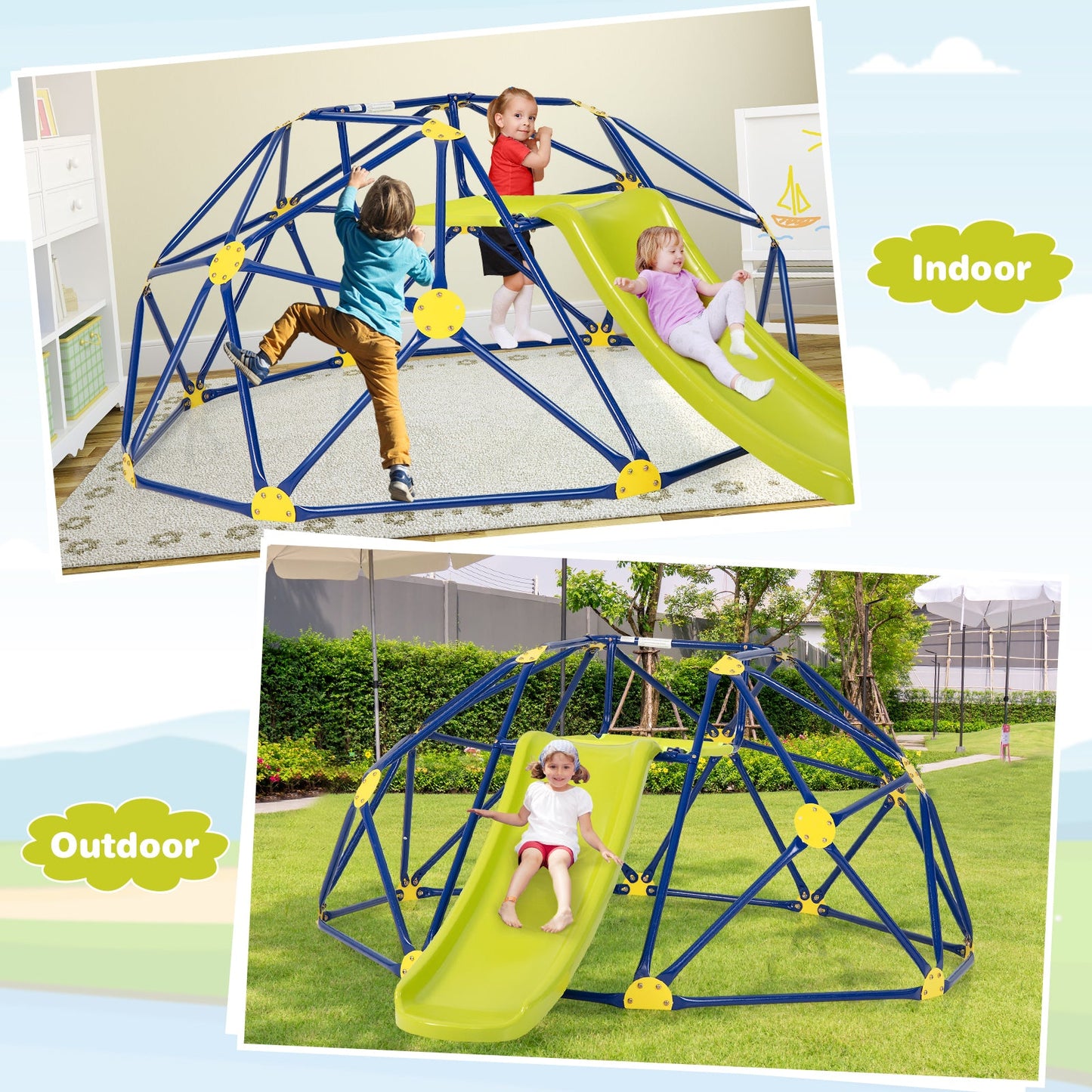 Kids Blue Climbing Dome with Slide and Cushion for Outdoor Fun