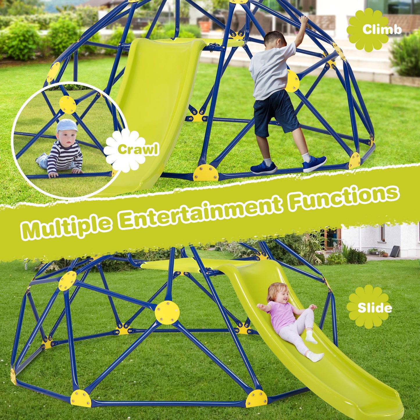 Kids Blue Climbing Dome with Slide and Cushion for Outdoor Fun