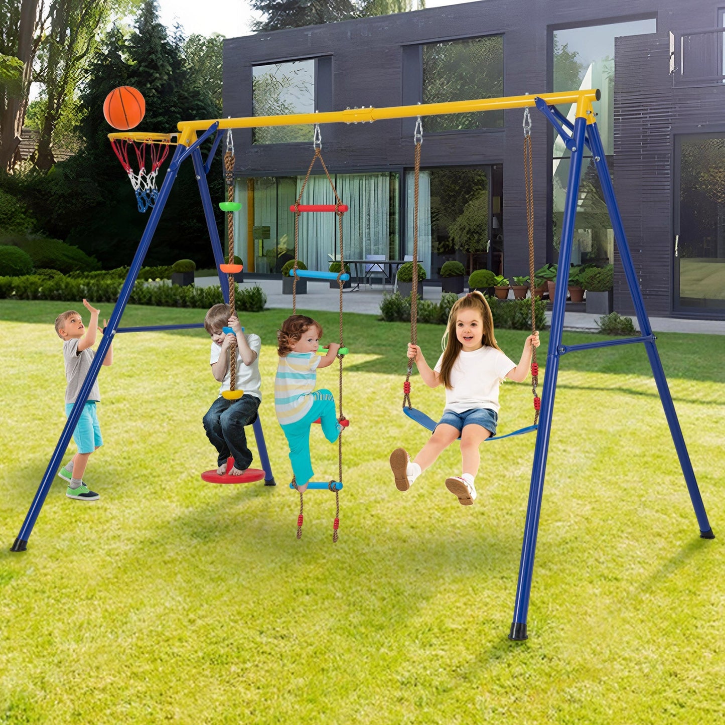 Gbruno 4-in-1 Heavy Duty Swing Set for Kids Ages 3-9 - Yellow