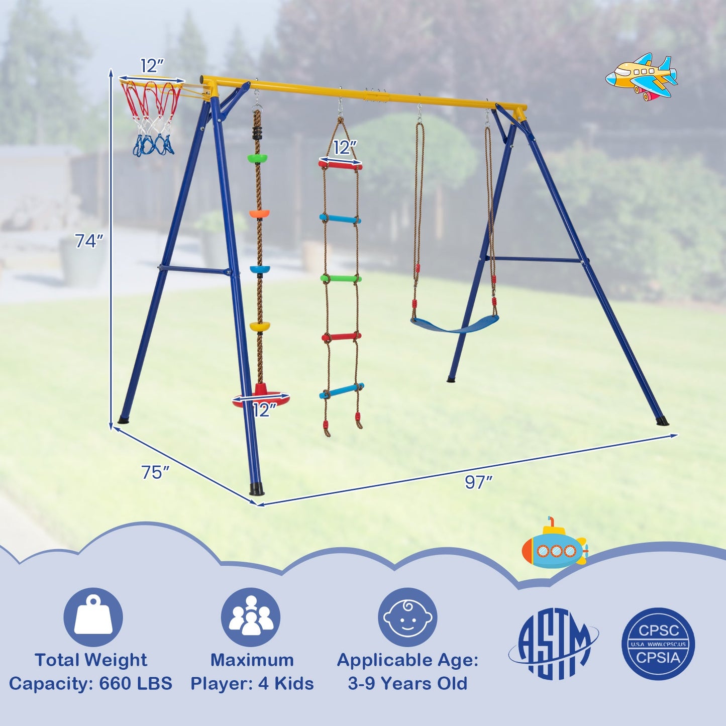 Gbruno 4-in-1 Heavy Duty Swing Set for Kids Ages 3-9 - Yellow