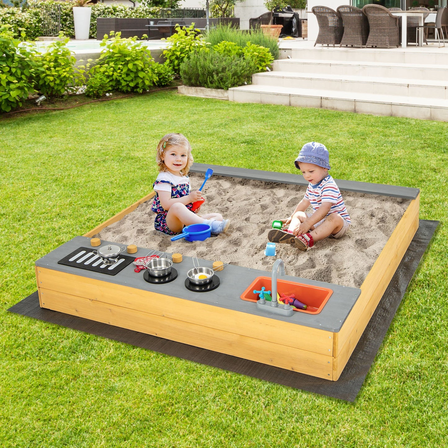 Gbruno Kids Wooden Sandbox with Kitchen Playset Accessories