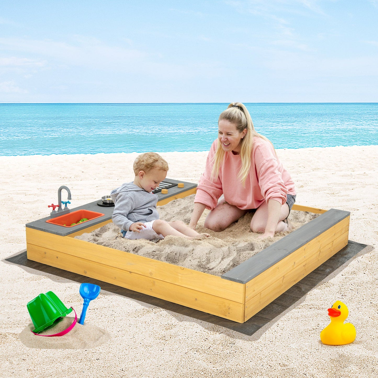 Gbruno Kids Wooden Sandbox with Kitchen Playset Accessories
