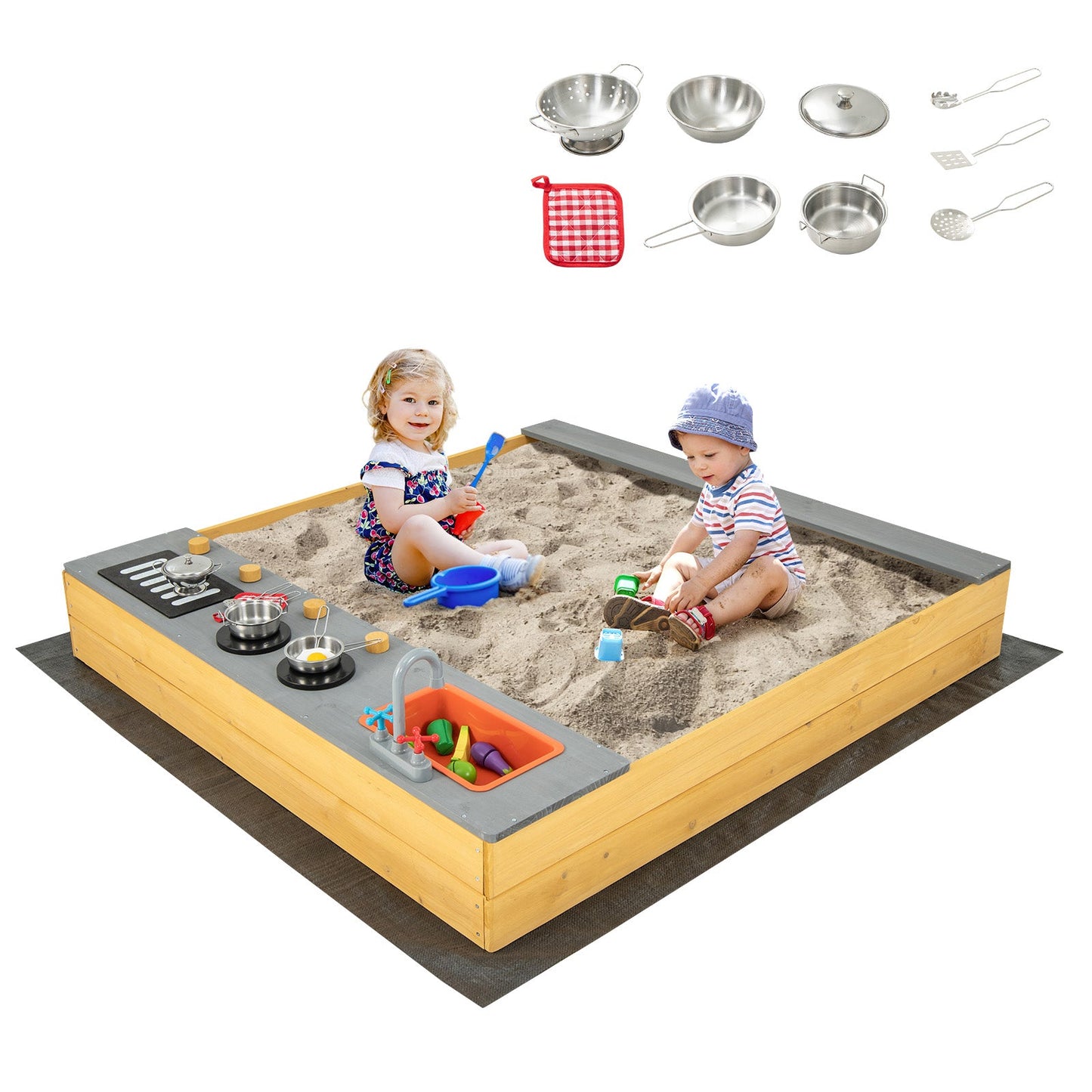 Gbruno Kids Wooden Sandbox with Kitchen Playset Accessories