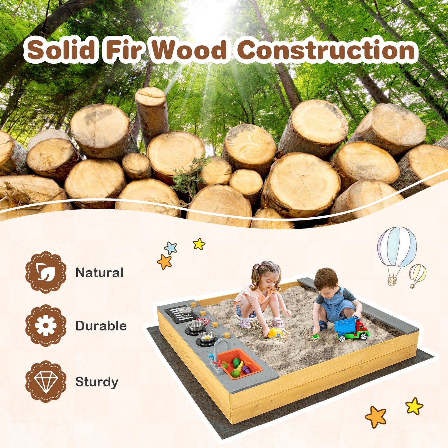 Gbruno Kids Wooden Sandbox with Kitchen Playset Accessories