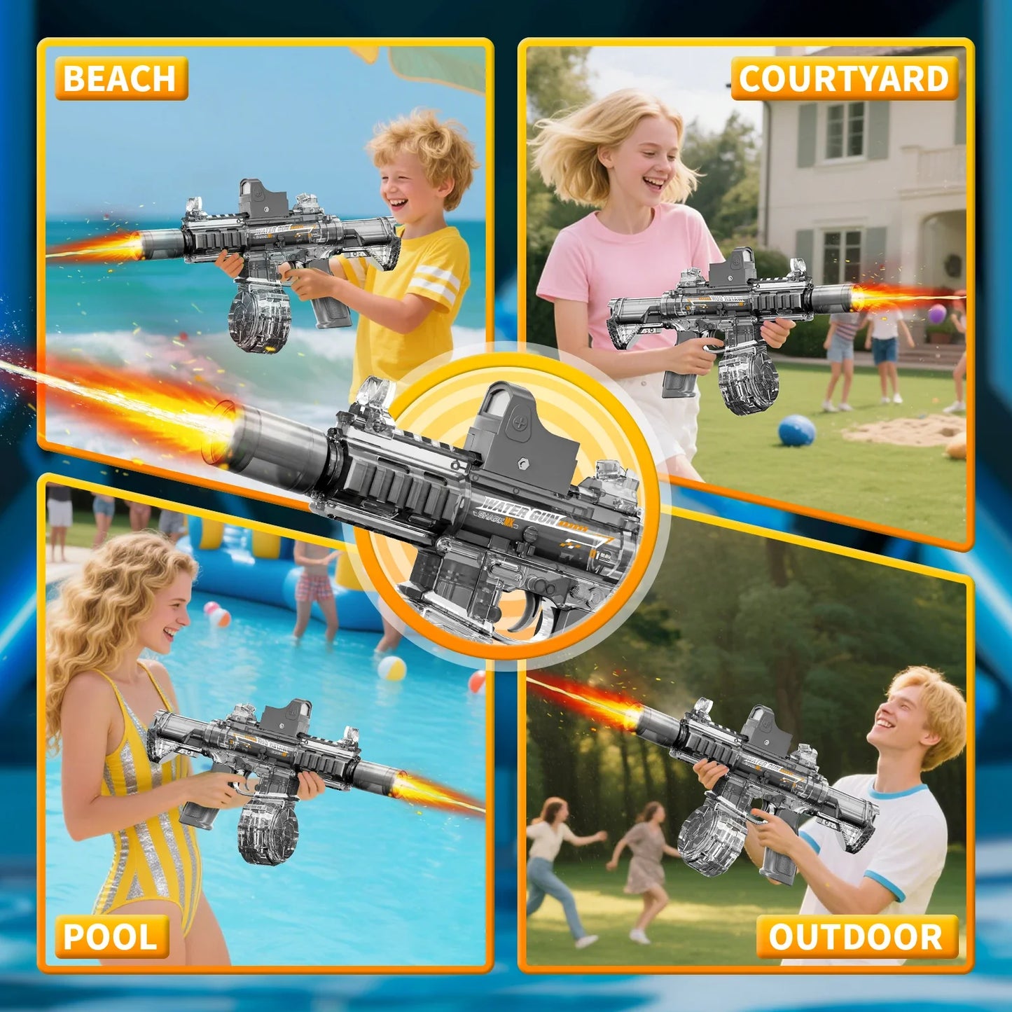 New M416 Electric Water Gun – High-Pressure Outdoor Toy with Light & Flame Effect