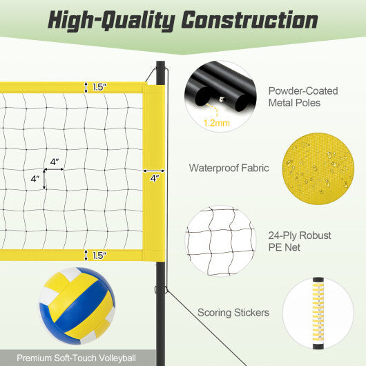 Portable Outdoor Volleyball Net Set Heavy-Duty Volleyball Net System-Yellow - Color: Yellow