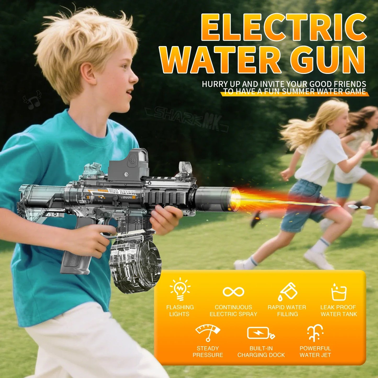 New M416 Electric Water Gun – High-Pressure Outdoor Toy with Light & Flame Effect