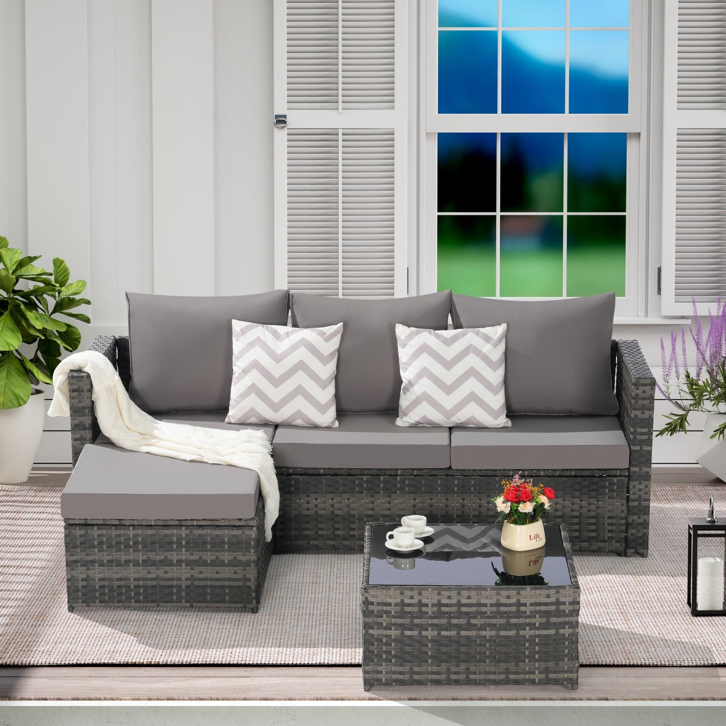 2 Piece Outdoor L-Shaped Wicker Patio Set – Sectional Sofa with