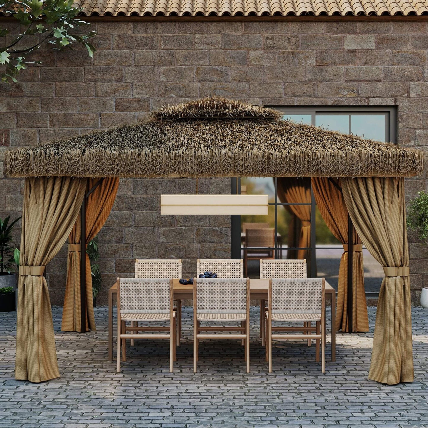 Double Canopy Patio Gazebo with Hawaiian Thatch Roof
