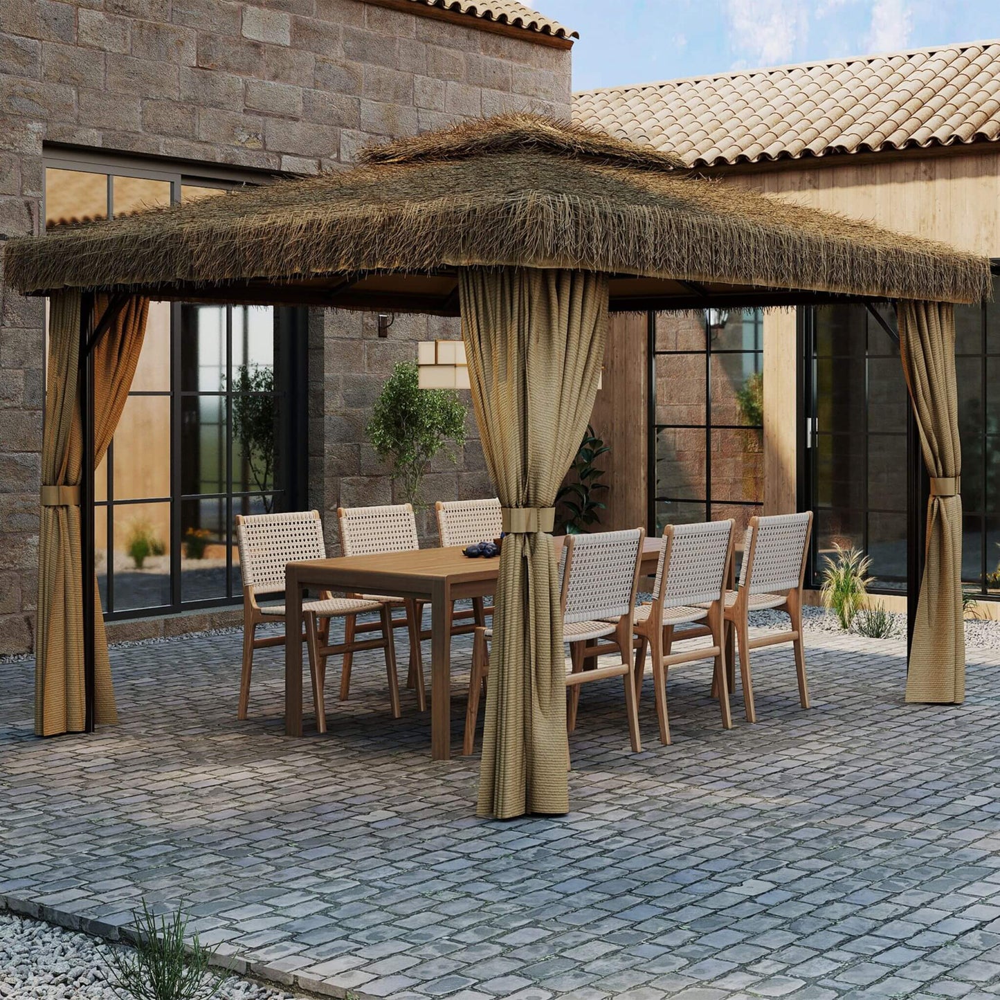Double Canopy Patio Gazebo with Hawaiian Thatch Roof