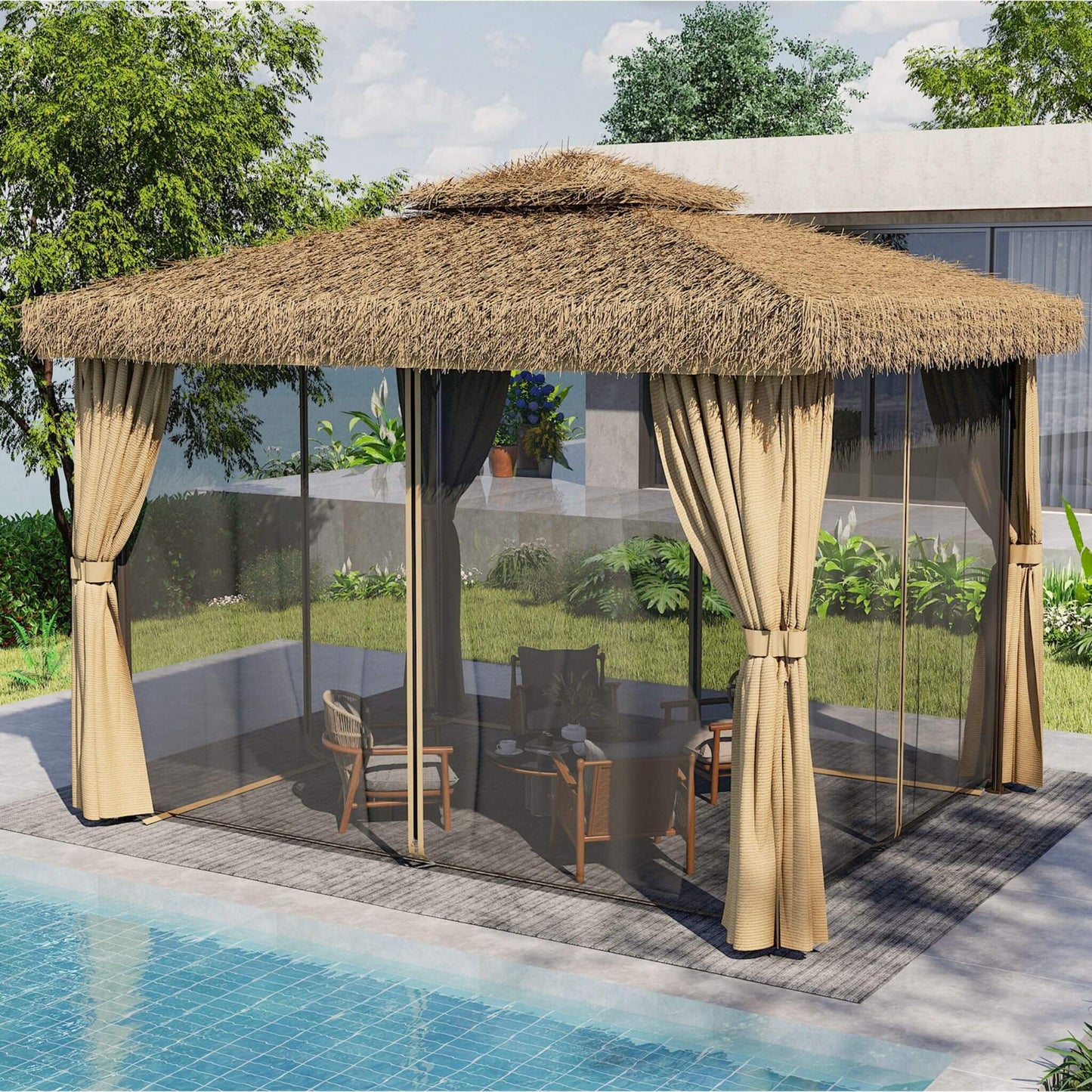 Double Canopy Patio Gazebo with Hawaiian Thatch Roof
