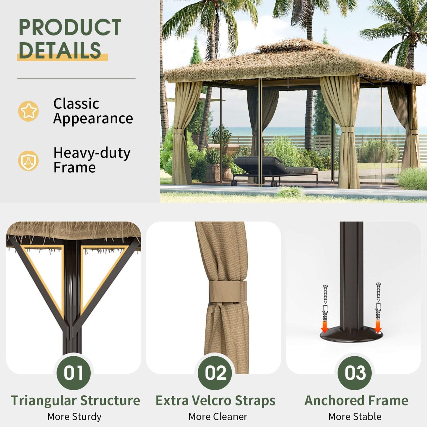Double Canopy Patio Gazebo with Hawaiian Thatch Roof
