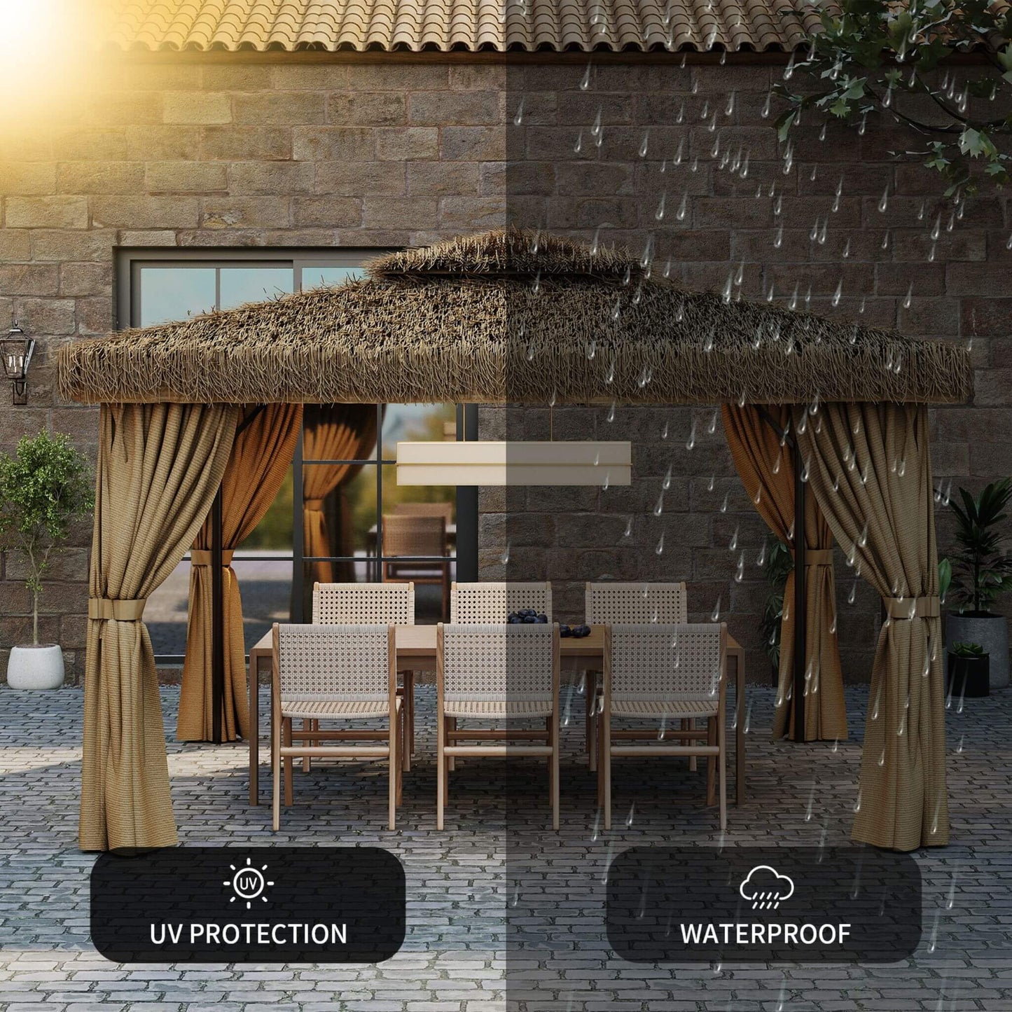 Double Canopy Patio Gazebo with Hawaiian Thatch Roof