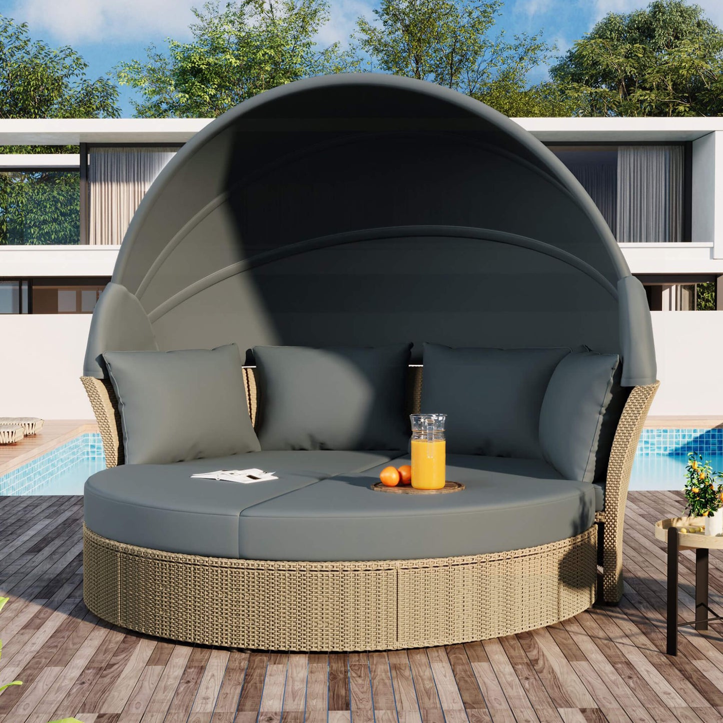 Alora Premium Outdoor Garden Wicker Rattan Patio Daybed With Retractable Canopy (SAK43581)