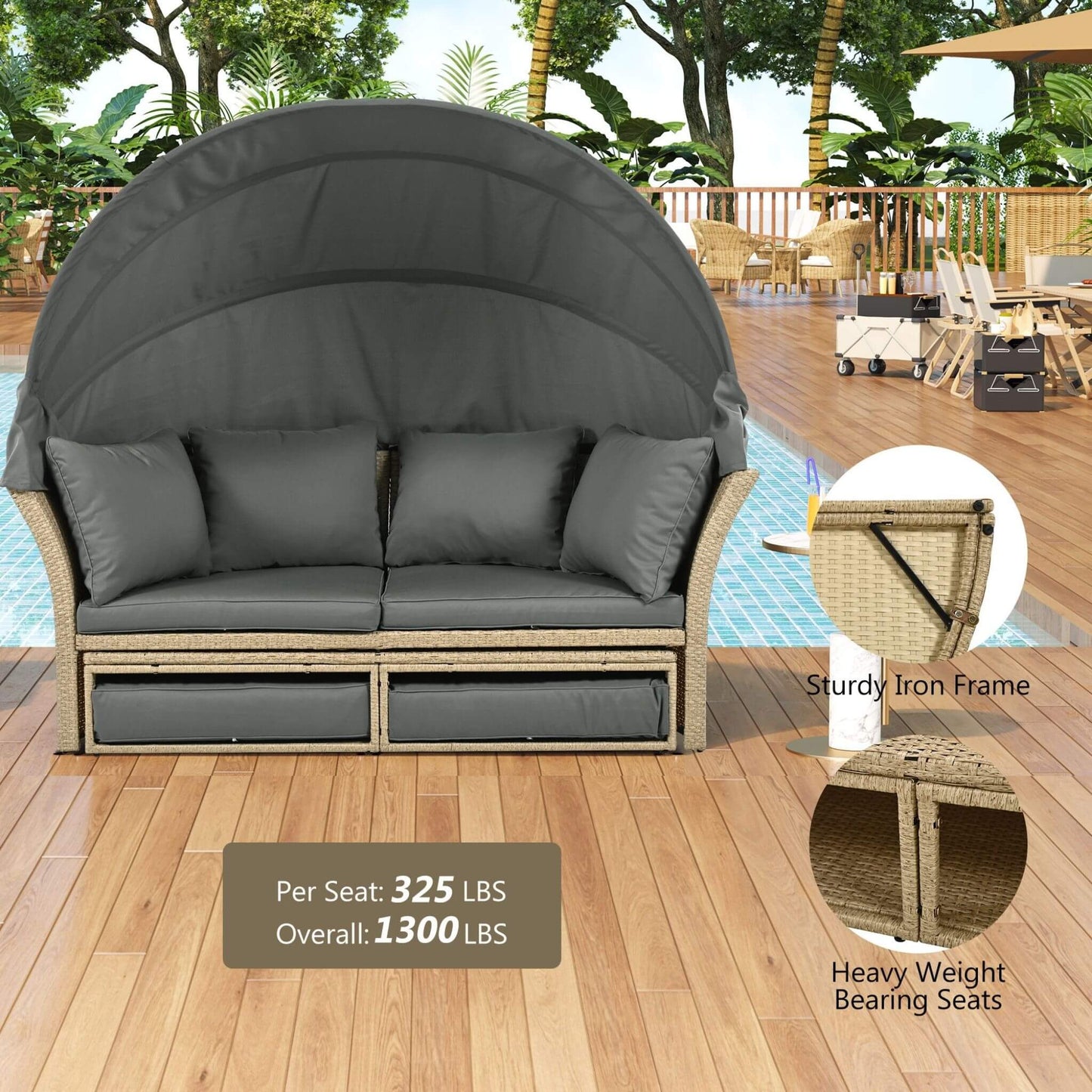 Alora Premium Outdoor Garden Wicker Rattan Patio Daybed With Retractable Canopy (SAK43581)