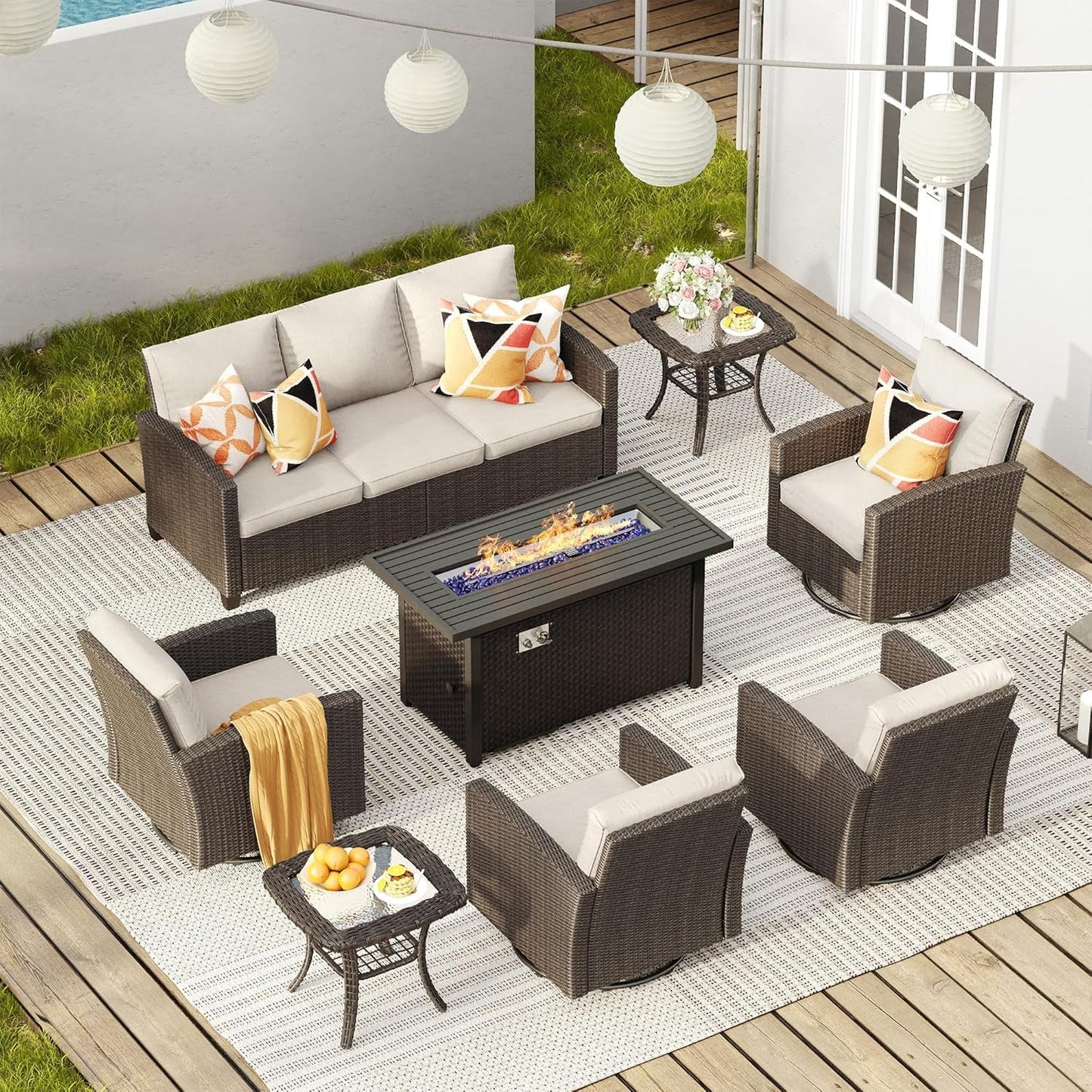 Luxurious Eight Piece Outdoor Patio Furniture Set with Firepit