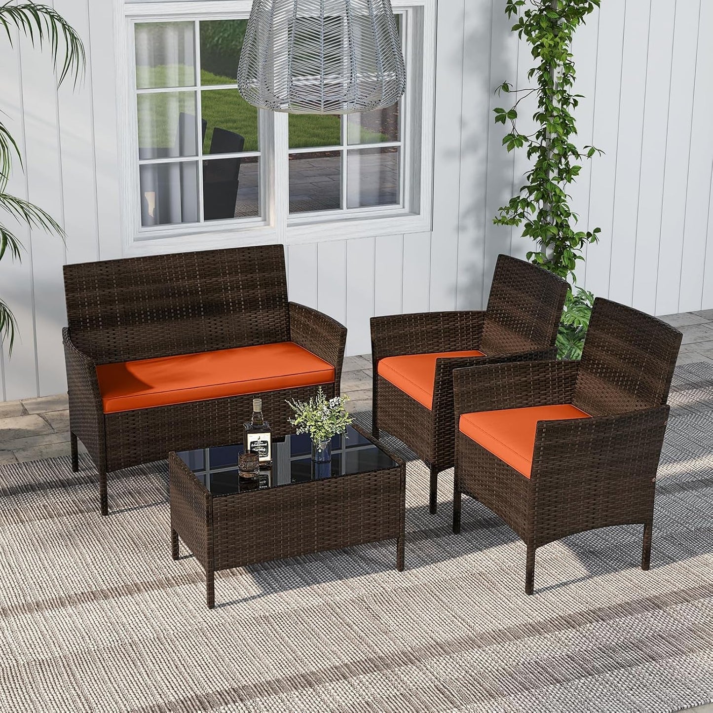 Elegant Rattan Patio Furniture Set with Cushions and Table