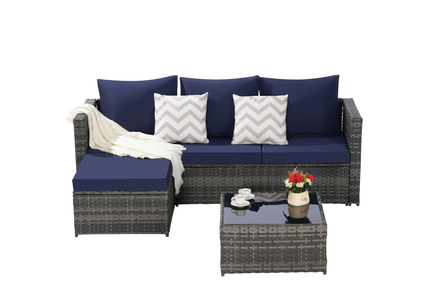 2 Piece Outdoor L-Shaped Wicker Patio Set – Sectional Sofa with