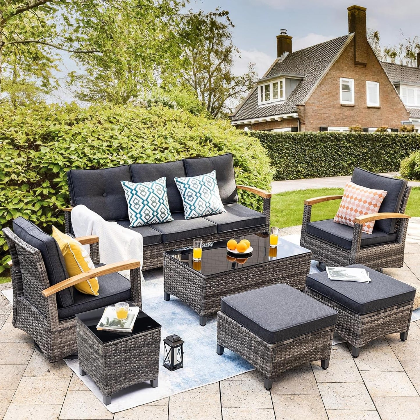 Stylish 7-Piece Outdoor Rattan Patio Set with Swivel Rockers