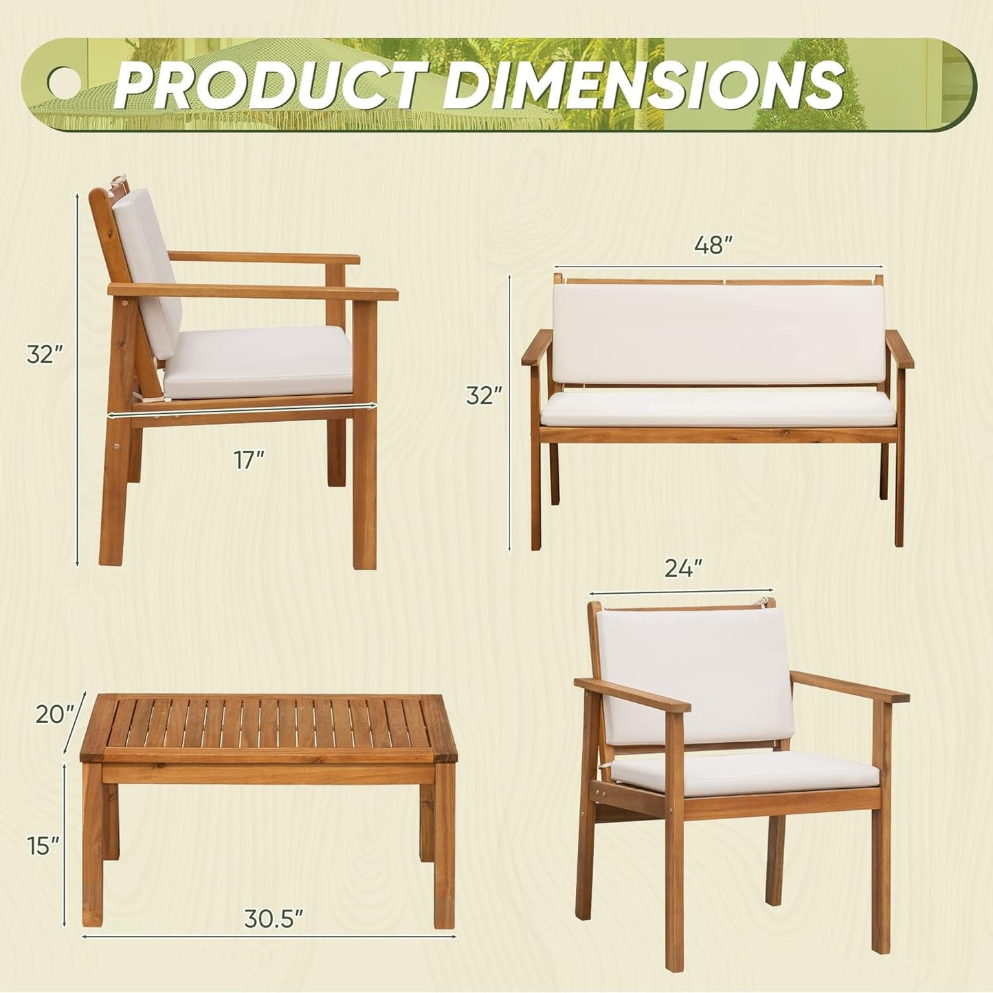 Elegant Acacia Wood 4-Piece Patio Conversation Set with Cushions