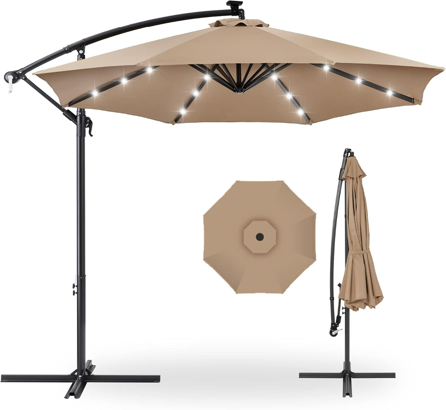 10 Foot Solar LED Offset Patio Umbrella With Easy Tilt Adjustment In