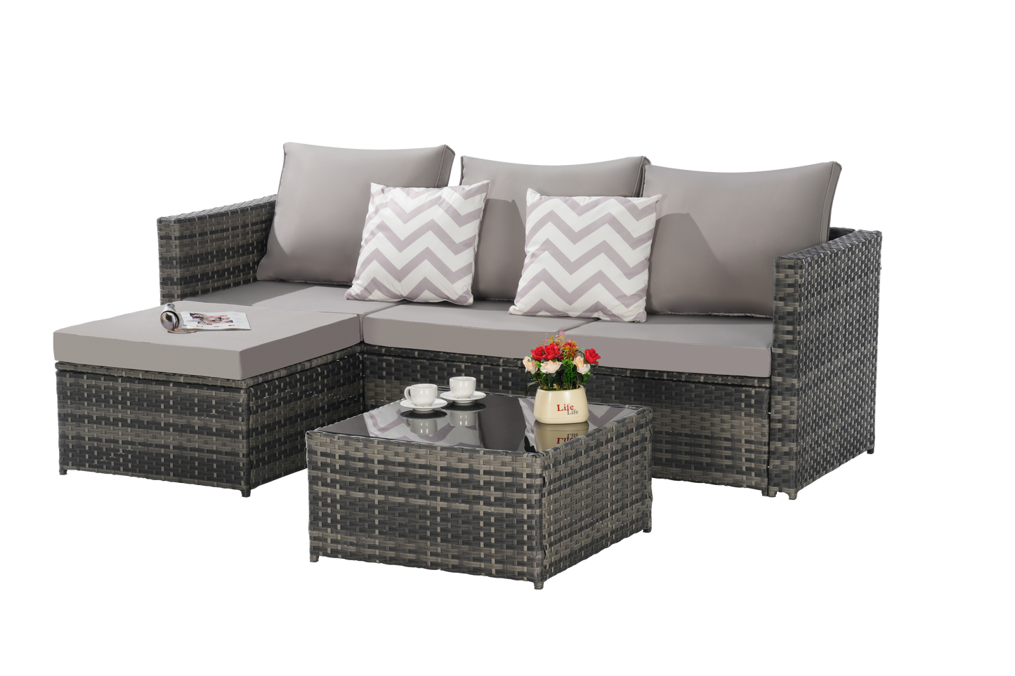 2 Piece Outdoor L-Shaped Wicker Patio Set – Sectional Sofa with
