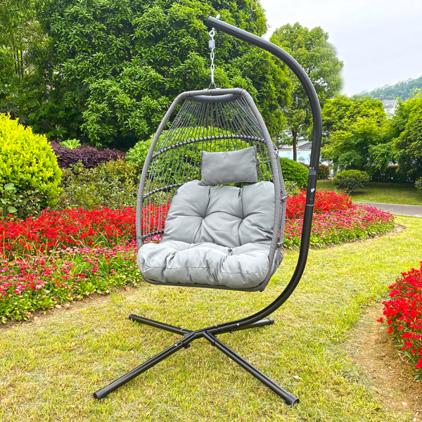 Cozy Patio Wicker Folding Hanging Chair with Cushion and Pillow