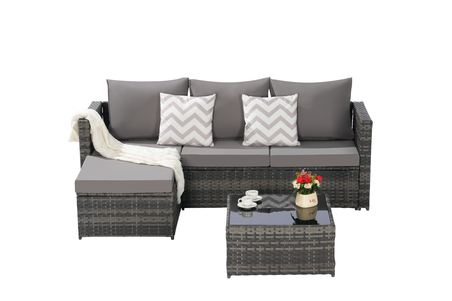 2 Piece Outdoor L-Shaped Wicker Patio Set – Sectional Sofa with