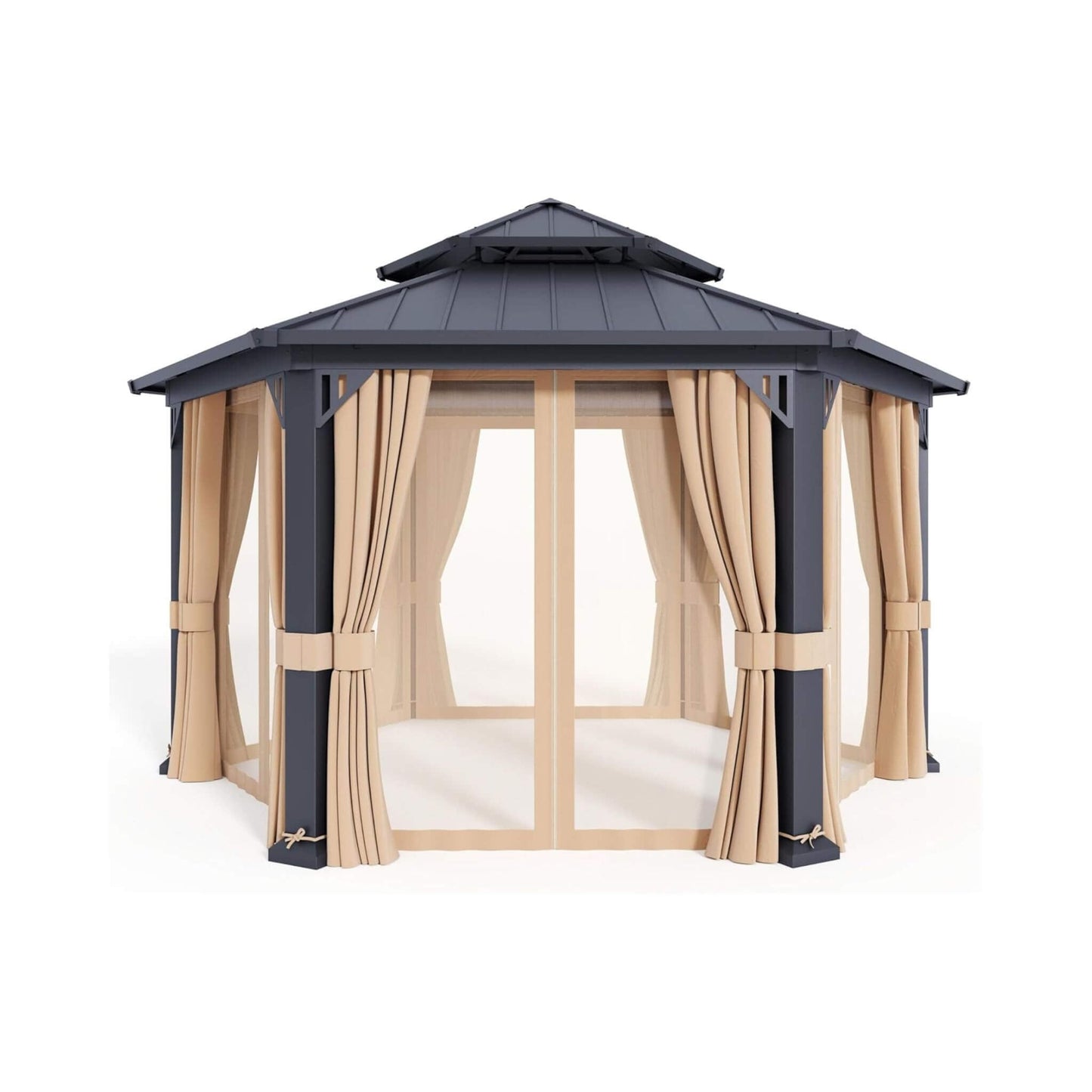 [13X15FT] Alora Double-Tier Hexagonal Metal Hardtop Patio Gazebo With Curtains (SAK84137)