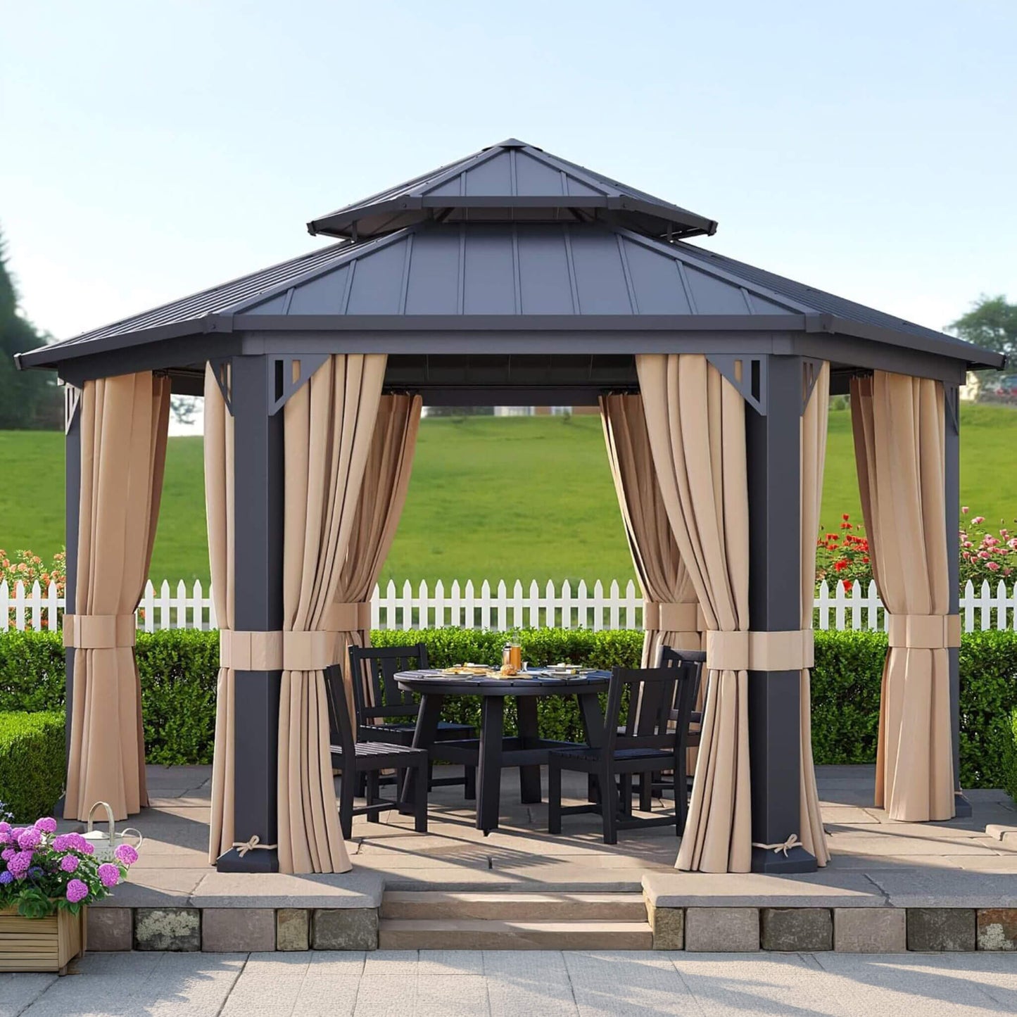[13X15FT] Alora Double-Tier Hexagonal Metal Hardtop Patio Gazebo With Curtains (SAK84137)