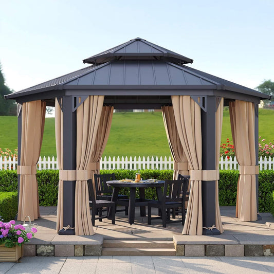 [13X15FT] Alora Double-Tier Hexagonal Metal Hardtop Patio Gazebo With Curtains (SAK84137)