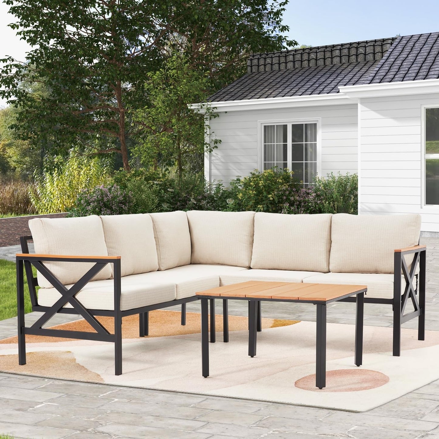 L Shape Metal Patio Furniture Set with Cushions