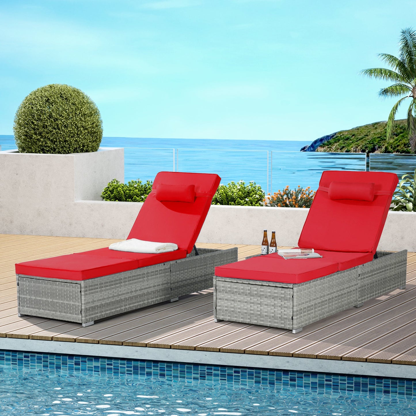 Premium Outdoor PE Rattan Adjustable Chaise Lounge Set with Table