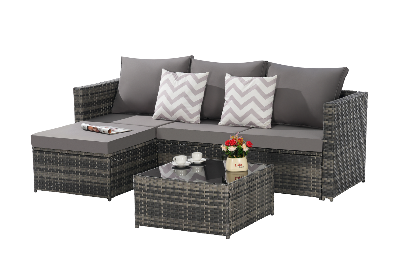 2 Piece Outdoor L-Shaped Wicker Patio Set – Sectional Sofa with