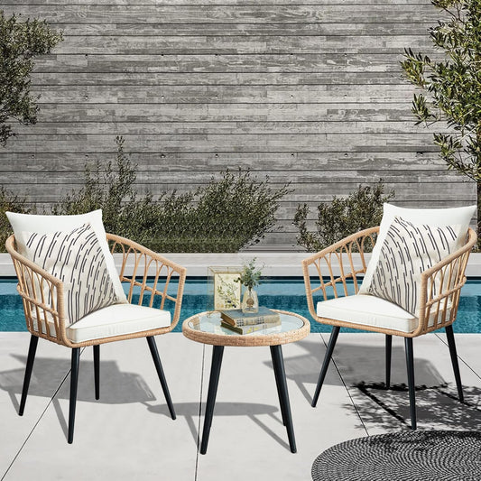 Three Piece Patio Bistro Set Outdoor Wicker Beige Rattan Table And