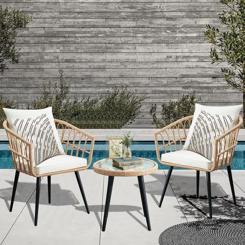 Three Piece Patio Bistro Set Outdoor Wicker Beige Rattan Table And