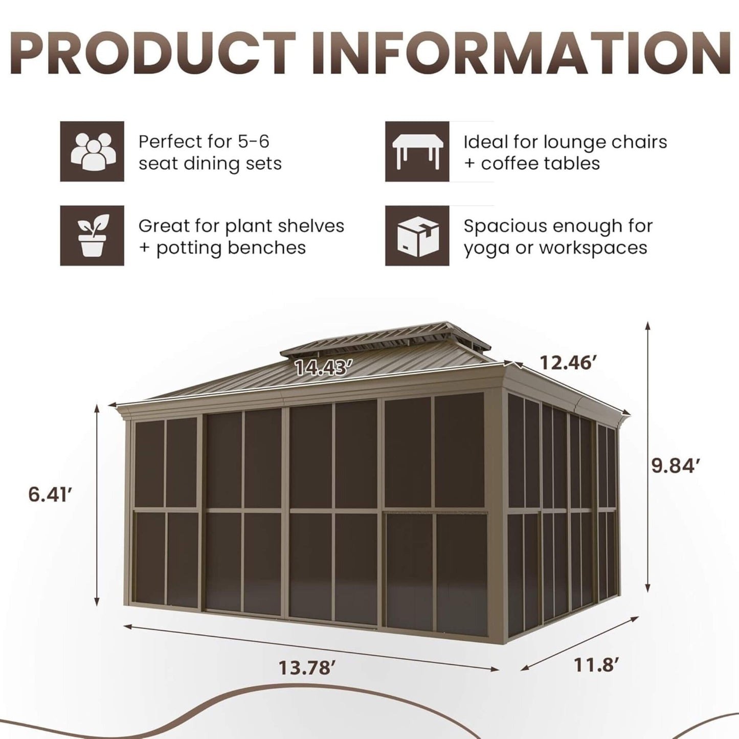 Alora Terrace Fully-Enclosed Outdoor Black Sunroom With Lockable Sliding Doors And Galvanized Double Steel Roof (SAK81634)