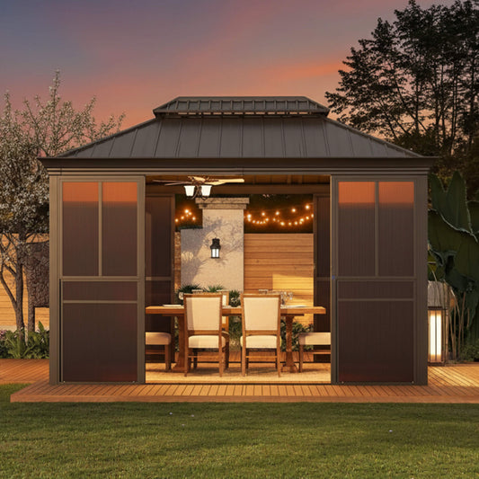 Alora Terrace Fully-Enclosed Outdoor Black Sunroom With Lockable Sliding Doors And Galvanized Double Steel Roof (SAK81634)