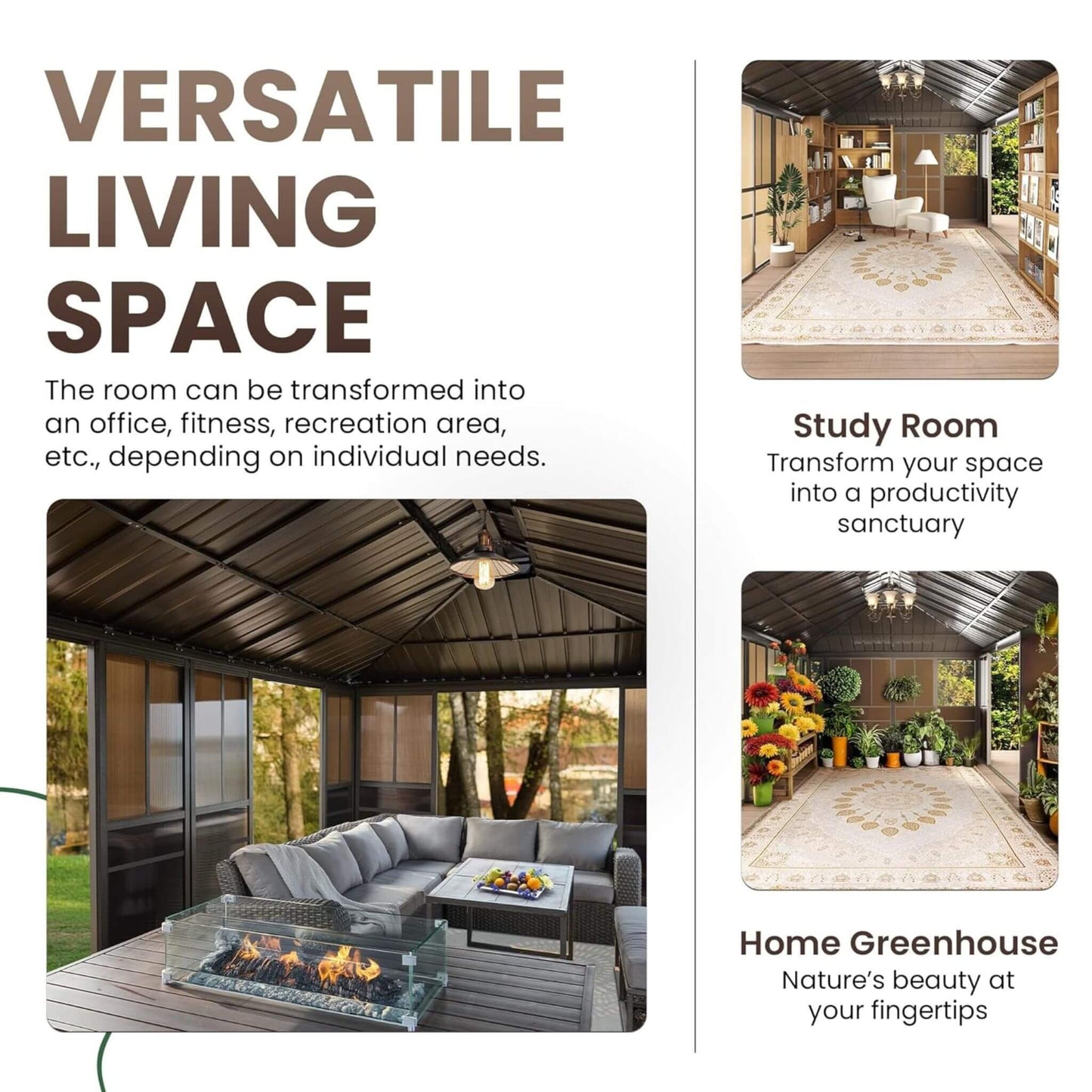 Alora Terrace Fully-Enclosed Outdoor Black Sunroom With Lockable Sliding Doors And Galvanized Double Steel Roof (SAK81634)