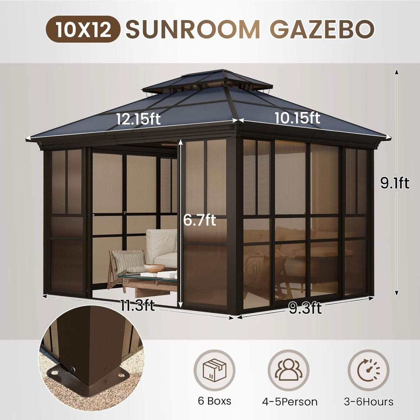 Alora Edge Heavy-Duty Aluminum Frame Outdoor Backyard Solarium With Polycarbornate Roof And Adjustable Panels (SAK68513)