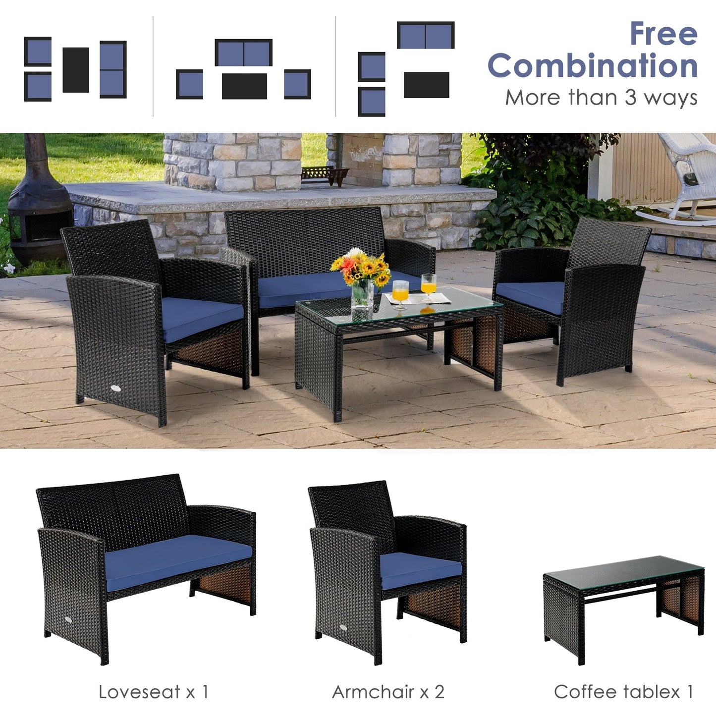 Navy 4-Piece Patio Rattan Cushioned Furniture Set