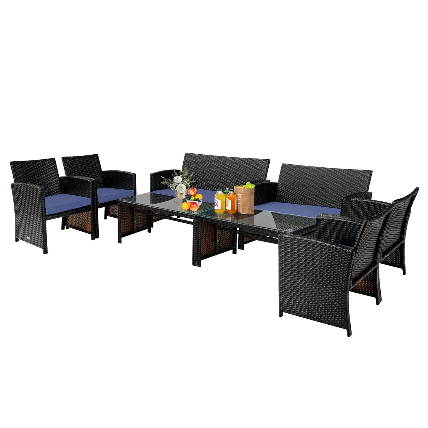 Navy 4-Piece Patio Rattan Cushioned Furniture Set