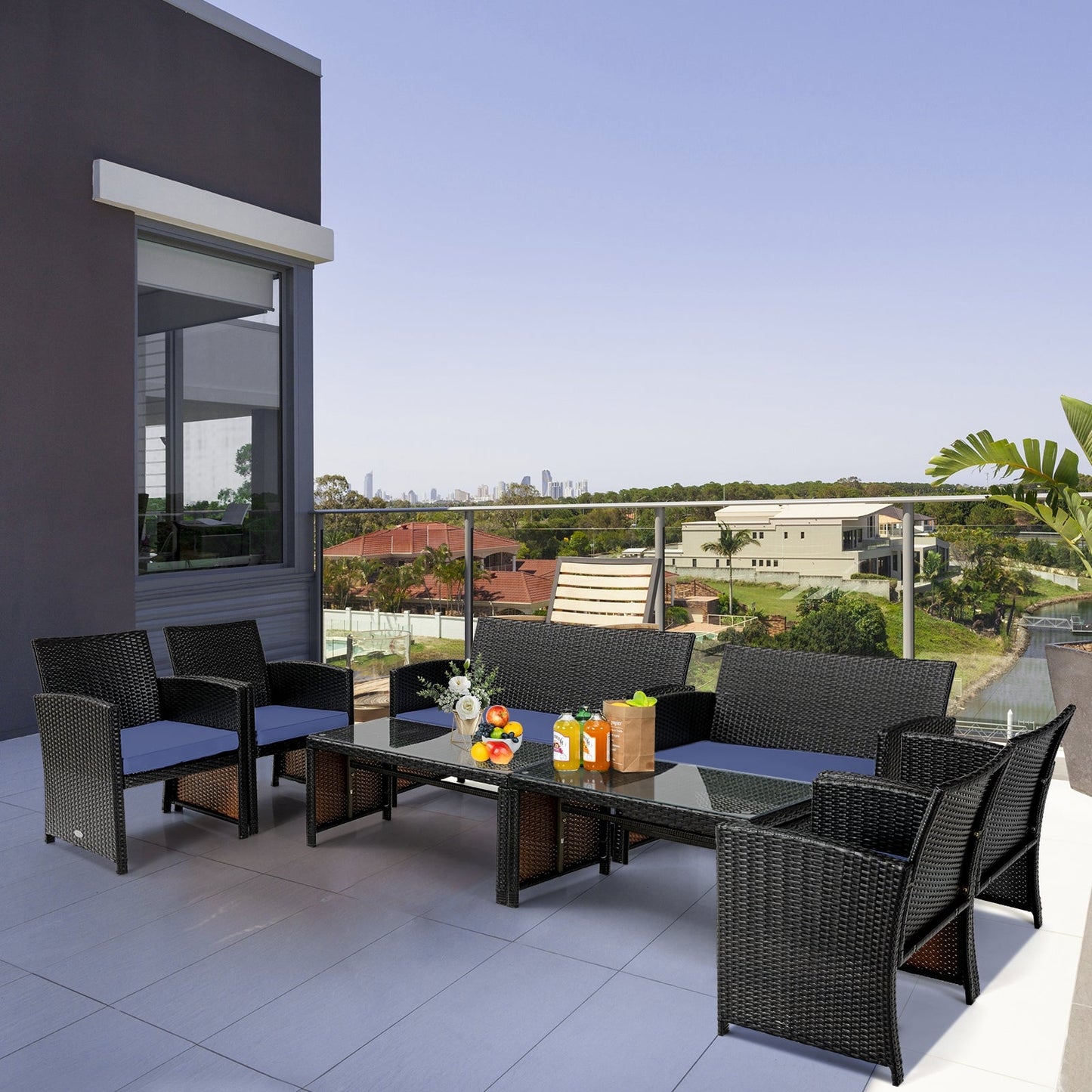 Navy 4-Piece Patio Rattan Cushioned Furniture Set