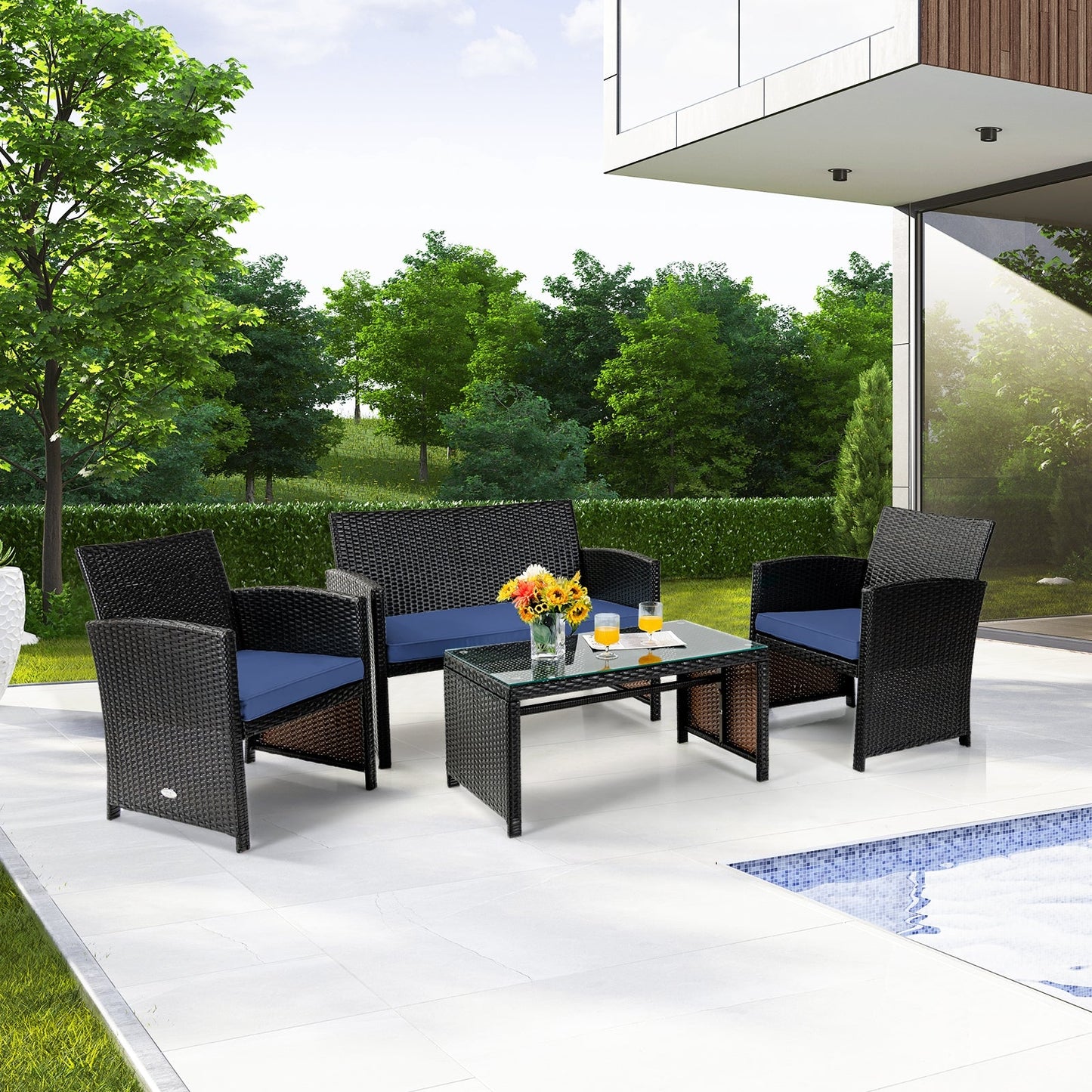Navy 4-Piece Patio Rattan Cushioned Furniture Set
