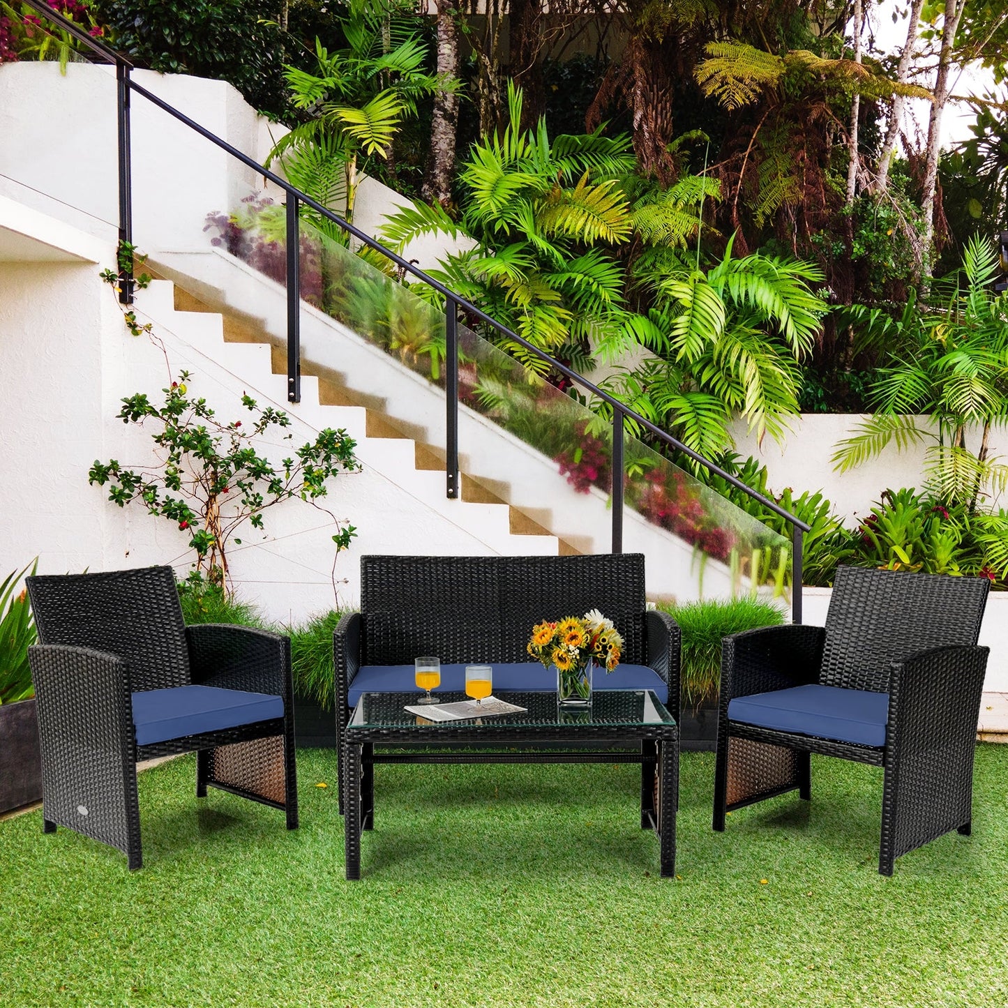 Navy 4-Piece Patio Rattan Cushioned Furniture Set