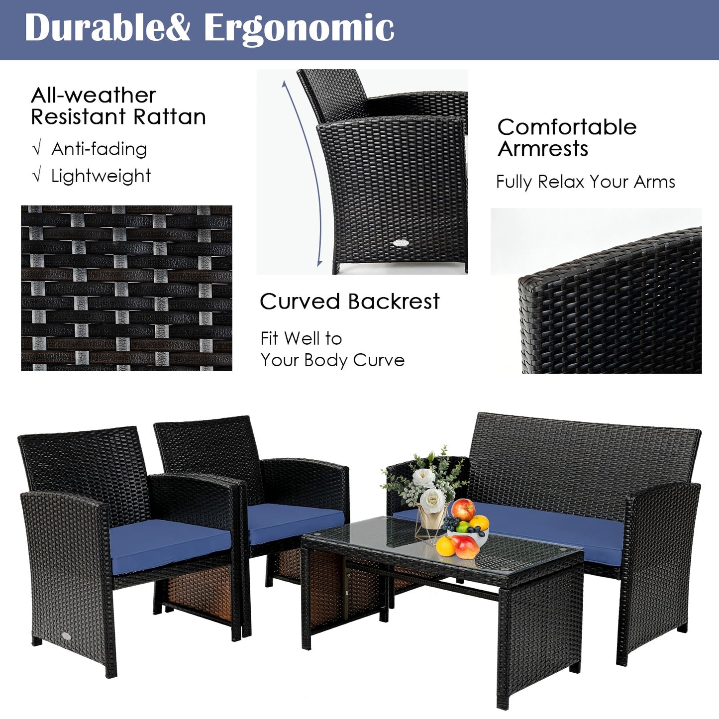 Navy 4-Piece Patio Rattan Cushioned Furniture Set