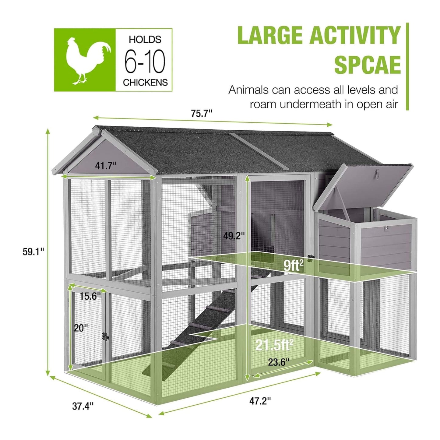 Large 76-Inch Outdoor Chicken Hen House With Sleeping Area And Run [6-10 Chickens] (SAK56431)