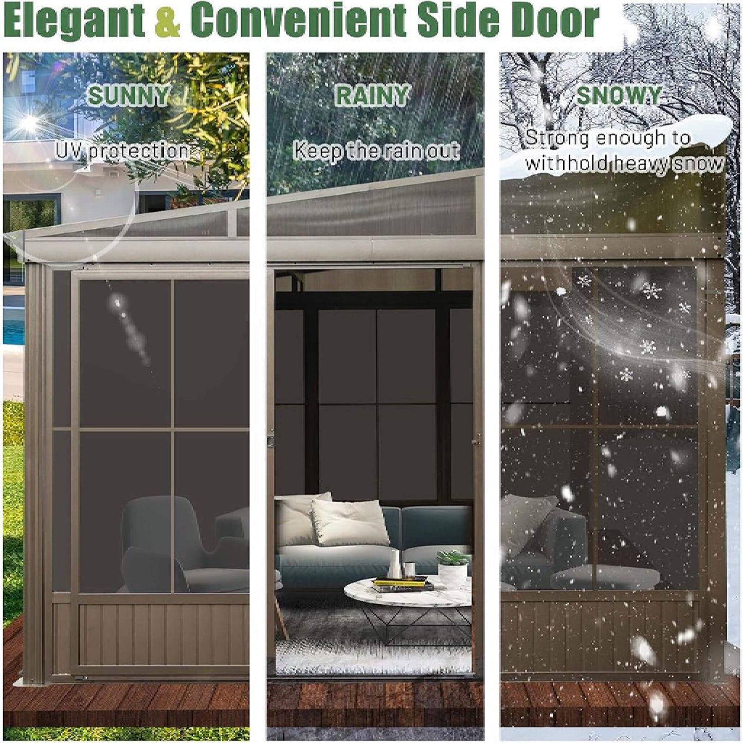 [12X14FT] Alora Haven Large Outdoor All-Season Wall-Mounted Sunroom With Galvanized Steel Roof & Moveable PVC Screen (SAK46475)