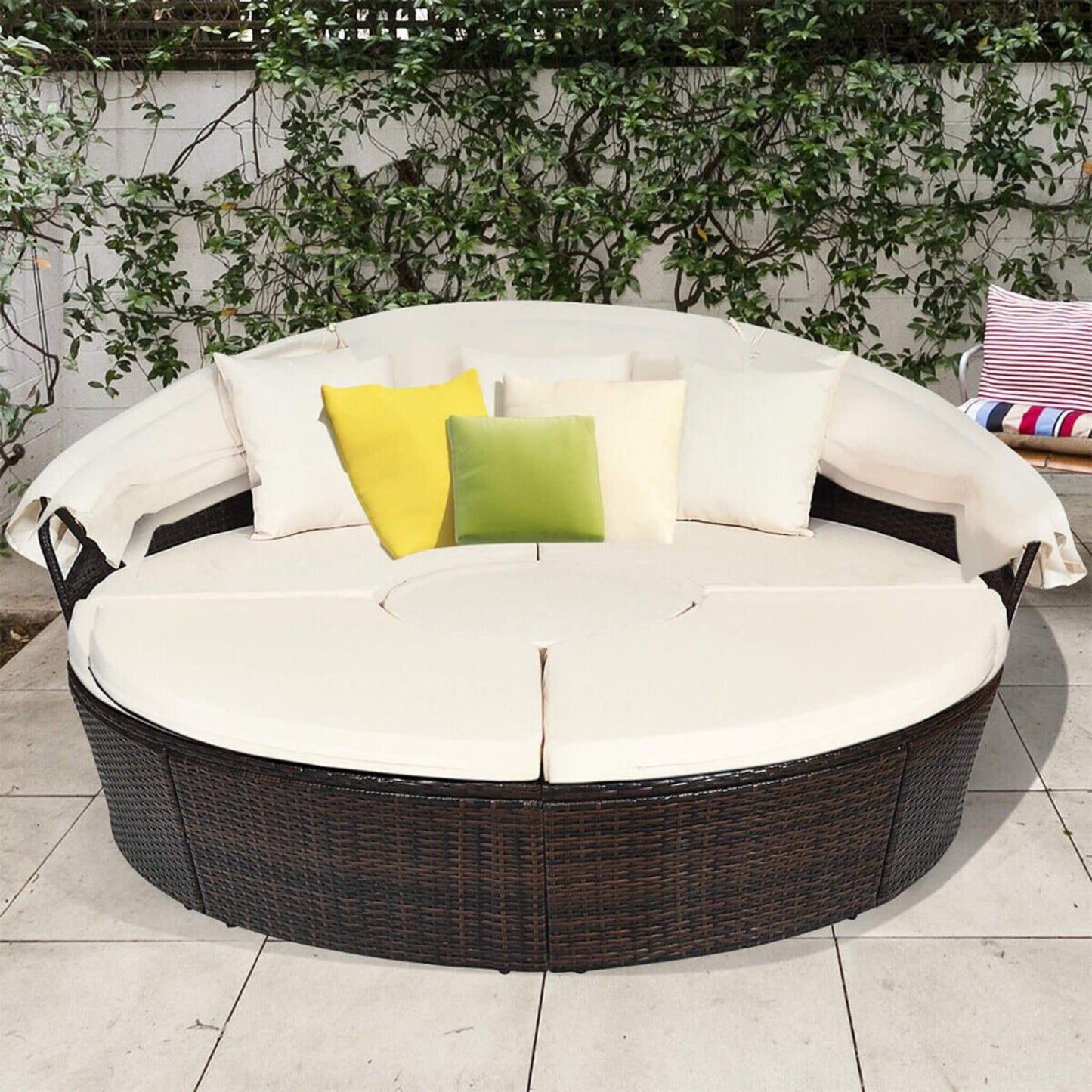 Alora 76-Inch Luxury Outdoor Rattan Daybed Sofa with Canopy and Pillows