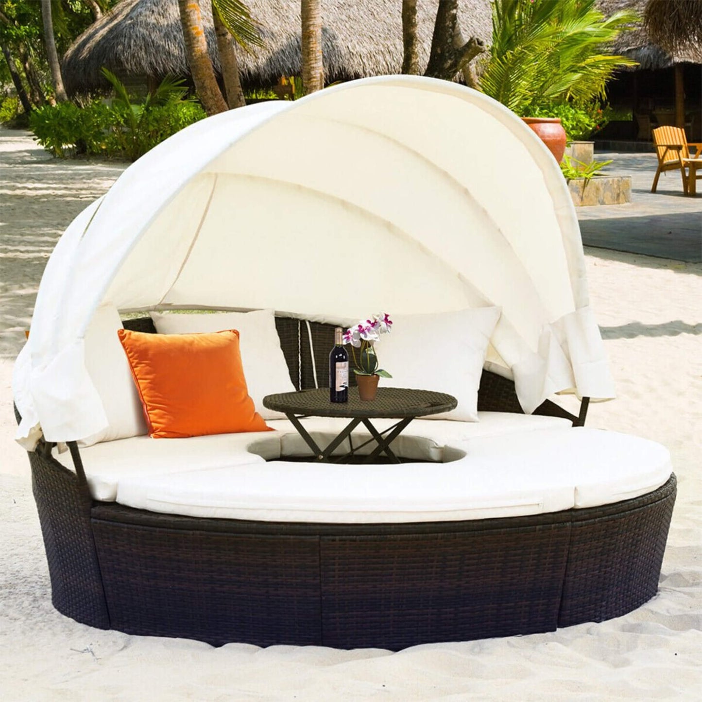 Alora 76-Inch Luxury Outdoor Rattan Daybed Sofa with Canopy and Pillows